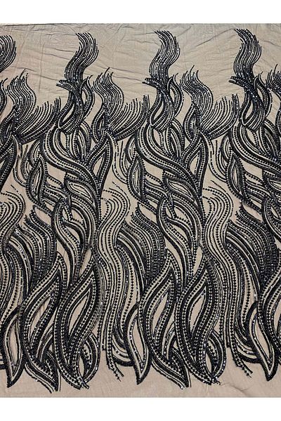 Luxuro Black Couture Lace with Linear Pattern, Beads and Sequins
