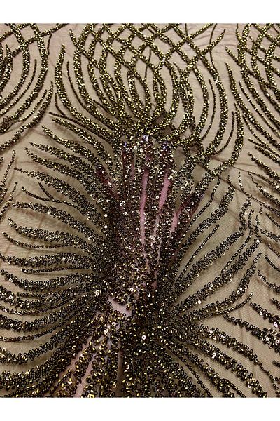 Luxuro Antique Gold Couture Lace with Geometric Pattern, Beads and Sequins