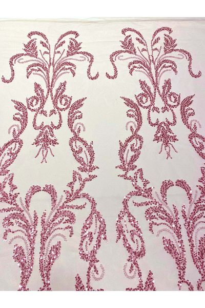 Luxuro Pink Couture Lace with Geometric Pattern, Beads and Sequins
