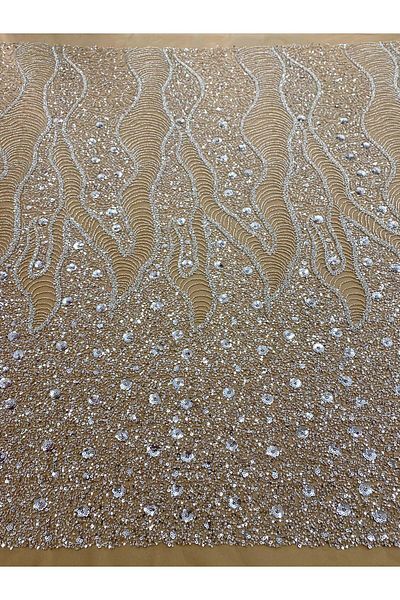 Luxuro Couture Silver Lace with Nude Tulle with Geometric and Floral Pattern, with Beads and Sequins