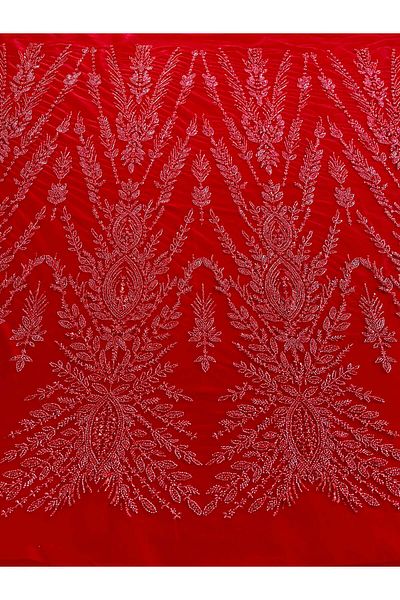 Luxuro Red Couture Lace with Symmetrical Pattern, Beads and Sequins