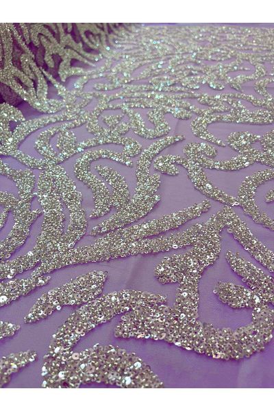 Luxuro Silver Couture Lace with Lavender Tulle, Beads and Sequins