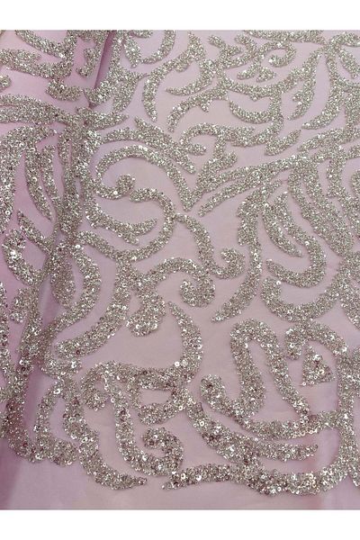 Luxuro Silver Couture Lace with Light Pink Tulle, Beads and Sequins