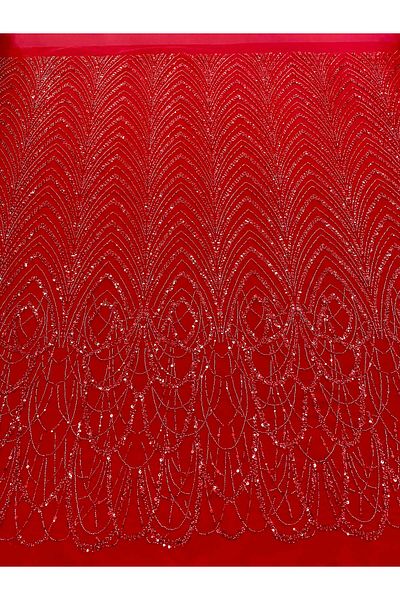 Luxuro Red Couture Lace with Geometric Pattern with Beads and Sequins