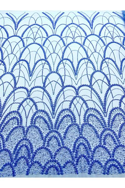 Luxuro Sky Blue Couture Lace with Geometric Pattern, with Pearls, Beads and Sequins