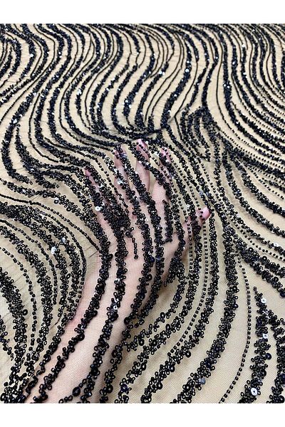 Luxuro Black Couture Lace with Linear Pattern, Beads and Sequins