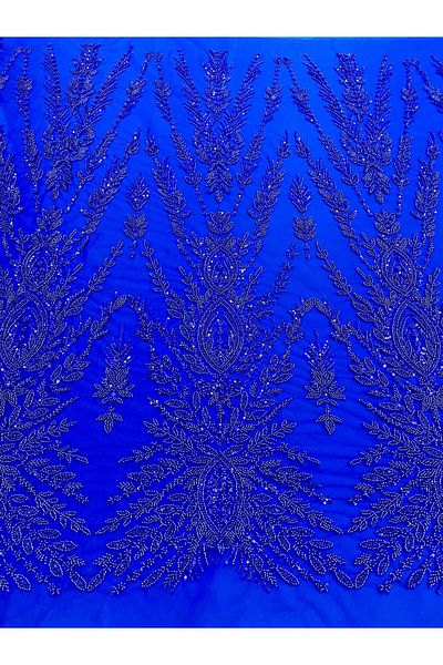 Luxuro Royal Blue Couture Lace with Symmetrical Pattern, Beads and Sequins