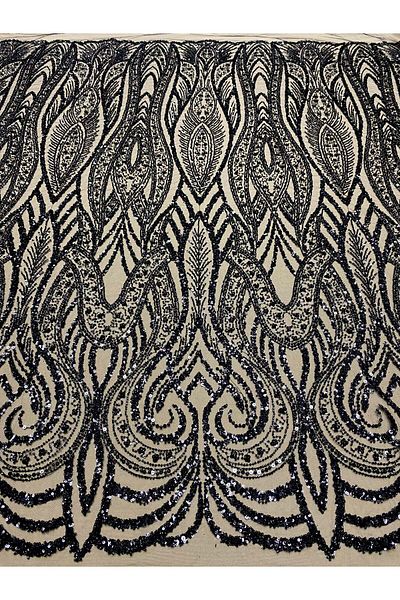 Luxuro Black Couture Lace with Geometric Pattern, with Pearls, Beads and Sequins