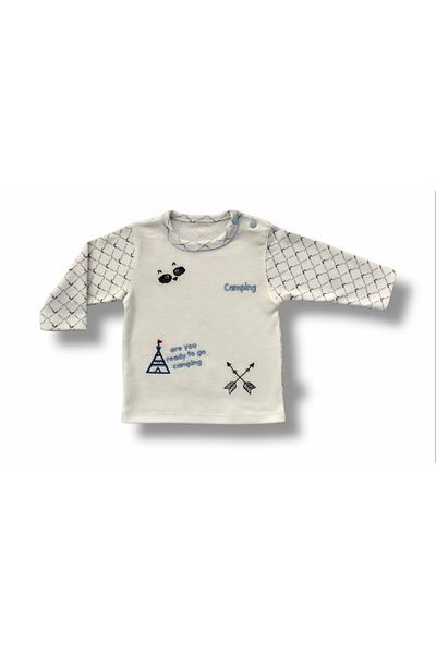 ALFA AKSESUAR 03 3-6 6-9 9-12 Months My Camping Embroidered Hat Long Sleeve Sweatshirt 3-Piece Baby Boy Set Ecru