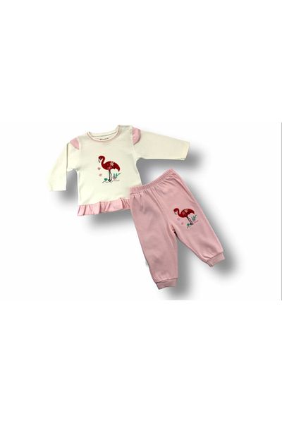 ALFA AKSESUAR 03 3-6 6-9 9-12 Months Flamingo Embroidered Long Sleeve Sweatshirt 2-Piece Girl Baby Set Ecru