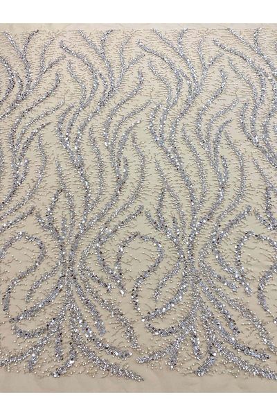 Luxuro Silver Couture Lace with Nude Tulle with Pearls, Beads and Sequins