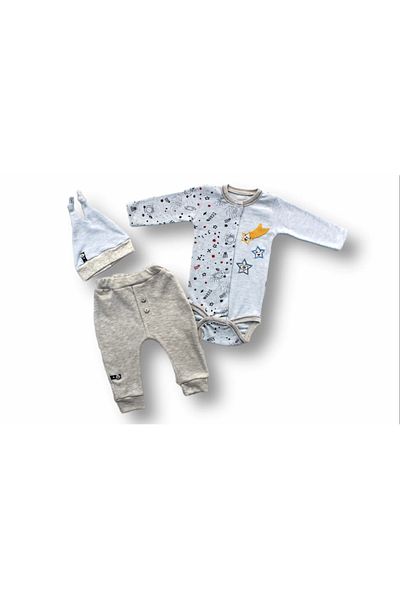 ALFA AKSESUAR 03 3-6 6-9 9-12 Months Tailed Star Embroidered Hat Long Sleeve Bodysuit 3-Piece Girl-Boy Baby Set Blue