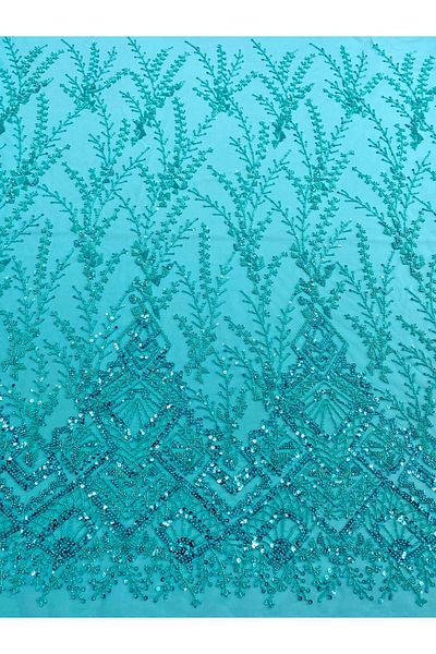 Luxuro Turquoise Couture Lace with Geometric Pattern, Beads and Sequins