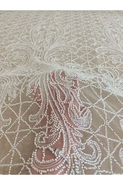 Luxuro Ivory Lace with Geometric Pattern, Pearls and Sequins