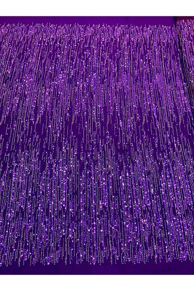 Luxuro Dark Purple Couture Lace with Linear Pattern, Beads and Sequins