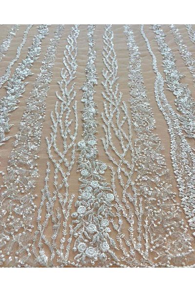 Luxuro Lace with Linear Pattern with Flowers, Pearls and Sequins