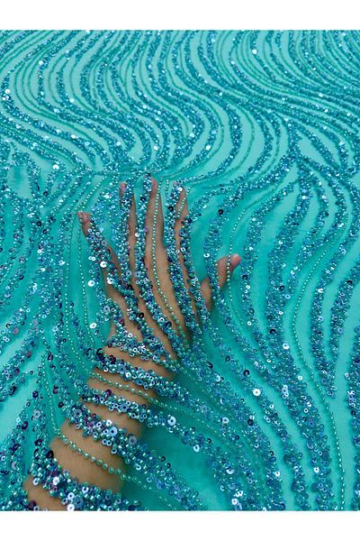 Luxuro Turquoise Couture Lace with Linear Pattern, Beads and Sequins