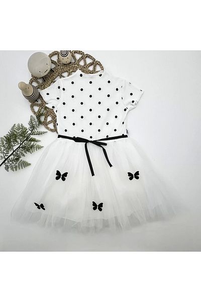 ALFA AKSESUAR 03 5-6-7 Years Old Polka Dot Butterfly Skirt Lined Girl's Dress White