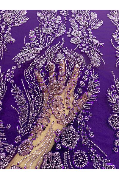 Luxuro Dark Purple Couture Lace with Floral Pattern, Pearls, Beads and Sequins