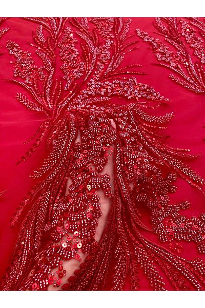 Luxuro Red Couture Lace with Floral Pattern, Beads and Sequins