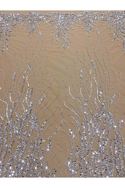 Luxuro Silver Couture Lace on Nude Tulle, with Strings, Beads and Sequins