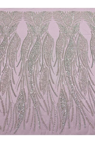 Luxuro Silver Couture Lace on Pink Tulle with Panel, with Pearls, Beads and Sequins
