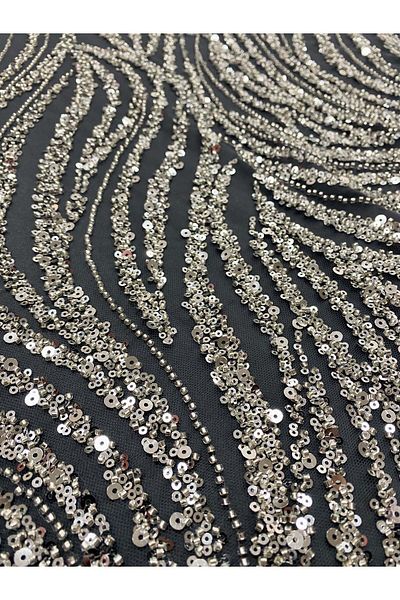 Luxuro Silver Couture Lace with Anthracite Tulle with Linear Pattern, Beads and Sequins