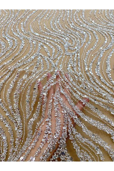 Luxuro Couture Lace Silver with Nude Tulle with Linear Pattern, with Beads and Sequins