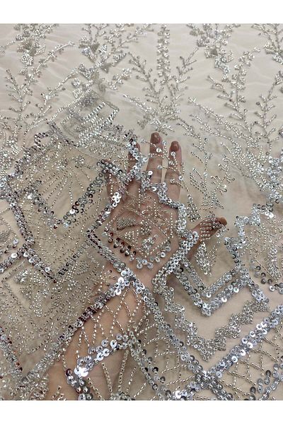 Luxuro Silver Couture Lace with Geometric Pattern, Beads and Sequins
