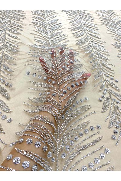 Luxuro Silver Couture Lace with Nude Tulle with Branches, Beads and Sequins