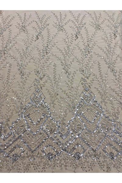 Luxuro Silver Couture Lace with Geometric Pattern, Beads and Sequins