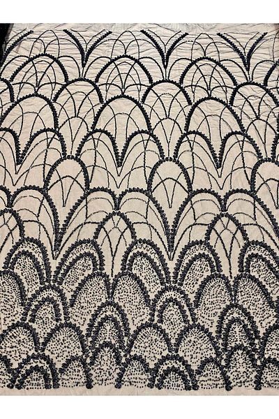 Luxuro Black Couture Lace with Geometric Pattern, with Pearls, Beads and Sequins