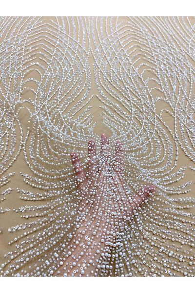 Luxuro Ivory Couture Lace with Nude Tulle Panel, with Pearls, Beads and Sequins