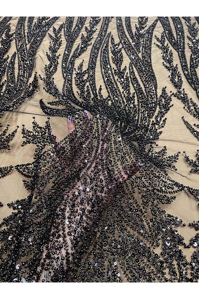Luxuro Black Couture Lace with Panel, with Pearls, Beads and Sequins
