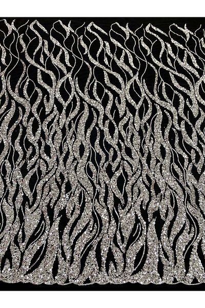 Luxuro Couture Silver Lace with Black Tulle with String Pattern, Beads and Sequins