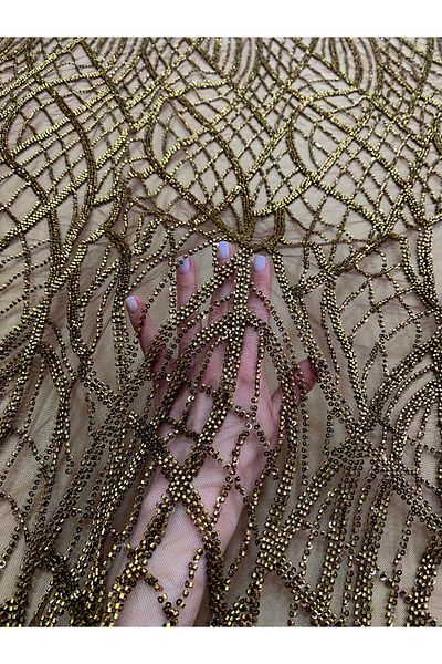 Luxuro Antique Gold Couture Lace with Linear Pattern, Beads and Sequins