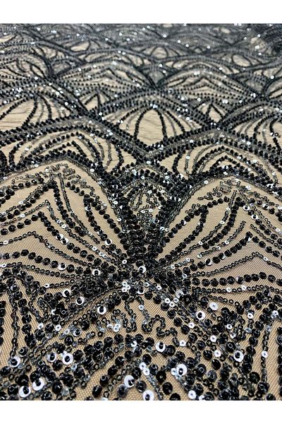 Luxuro Black Couture Lace with Geometric Pattern, Pearls and Beads
