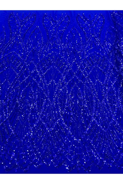 Luxuro Royal Blue Couture Lace with Geometric Pattern, Beads and Sequins