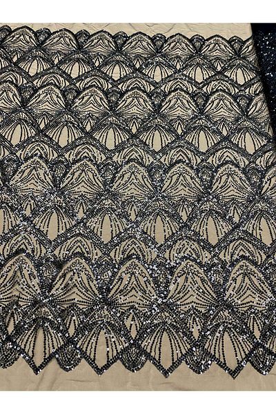 Luxuro Black Couture Lace with Geometric Pattern, Pearls and Beads