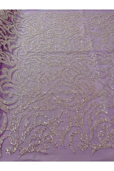 Luxuro Silver Couture Lace with Lavender Tulle, Beads and Sequins