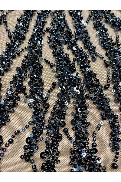 Luxuro Black Couture Lace with Strings, Pearls, Beads and Sequins