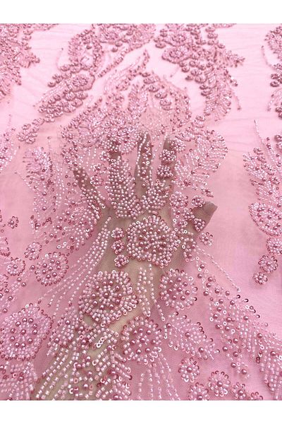 Luxuro Pink Couture Lace with Floral Pattern, Pearls, Beads and Sequins