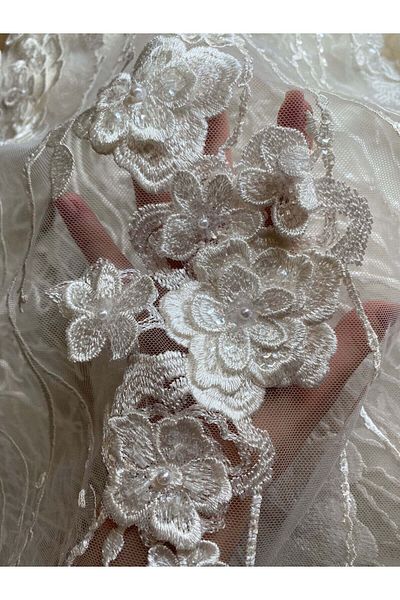 Luxuro Floral Lace with 3D Flowers, Pearls and Sequins