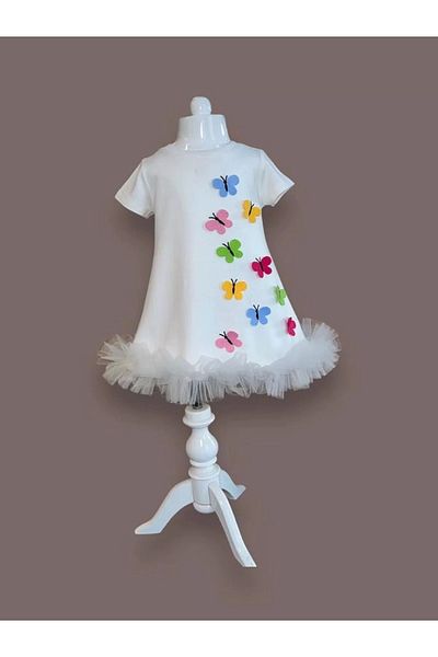 ALFA AKSESUAR 03 1-2-3 Years Colorful Butterflies Embroidered Skirt Ruffled Gilet Children's Dress White