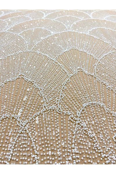 Luxuro Ivory Couture Lace with Nude Tulle with Geometric Pattern, with Pearls, Beads and Sequins