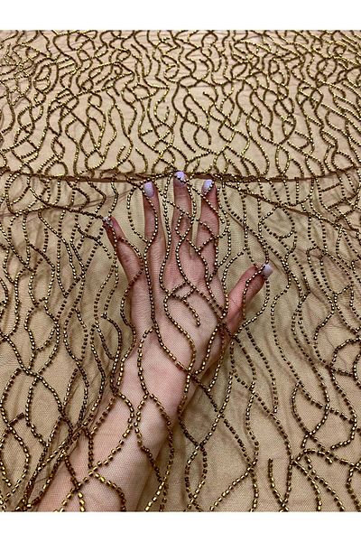 Luxuro Antique Gold Couture Lace with Beaded Strings