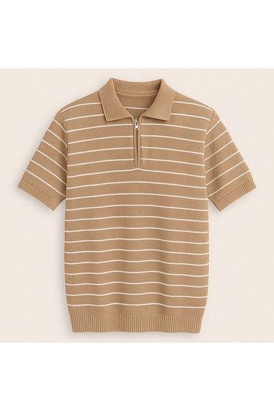 LC Waikiki Striped Design Polo Collar Zipper Breathable Short Sleeve Men's Summer Knitwear T-Shirt