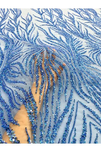 Luxuro Sky Blue Couture Lace with Beads and Sequins