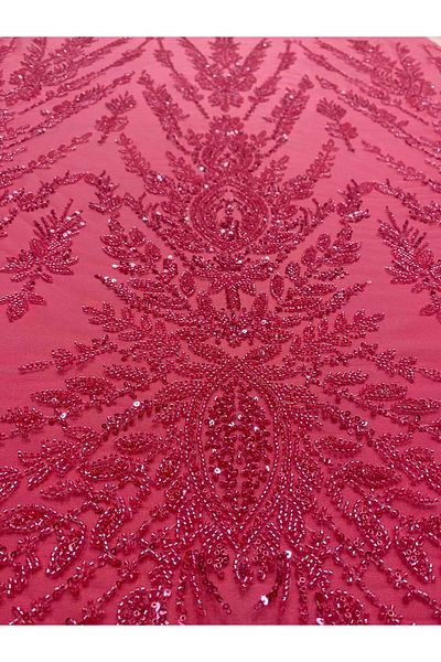 Luxuro Coral Pink Couture Lace with Symmetrical Pattern, Beads and Sequins
