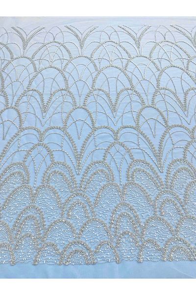 Luxuro Silver Couture Lace with Baby Blue Tulle with Geometric Pattern, with Pearls, Beads and Sequins